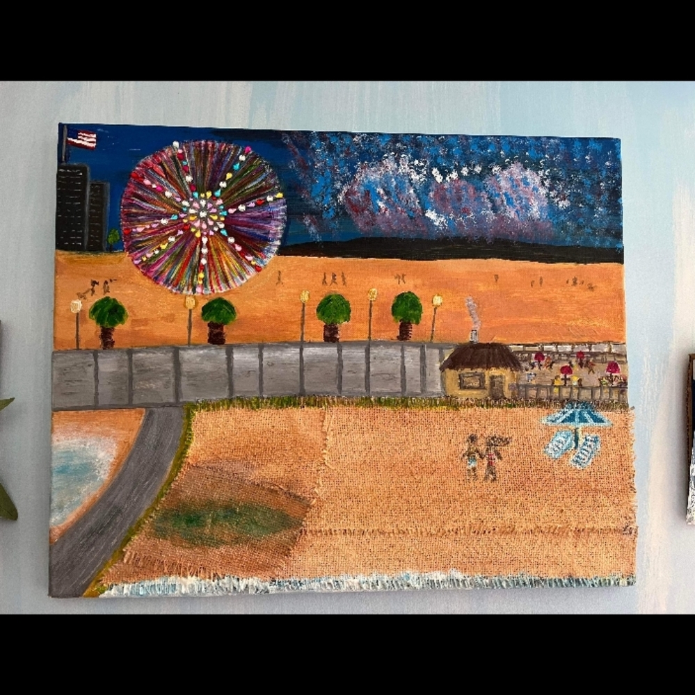 "Fireworks on the Beach" original canvas painting 16"x20" C.Grubb mixed media